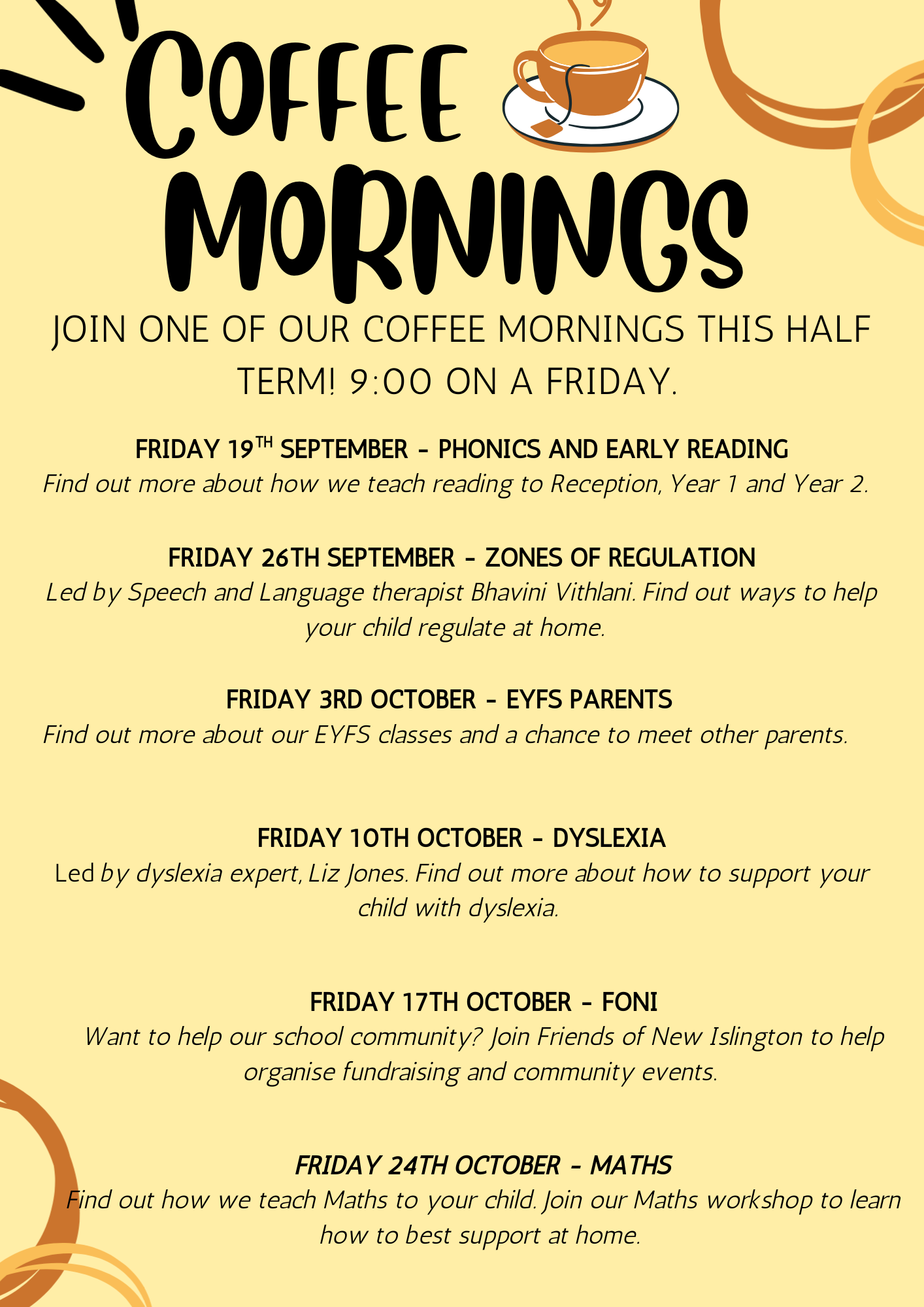 List of coffee mornings for Autumn term